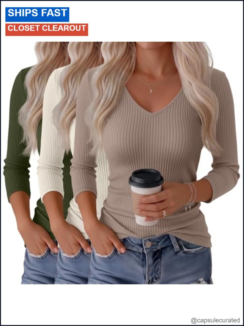 3 Pack Women's 3/4 Sleeve Cotton T Shirts V-Neck Ribbed Slim Fit Layer Tees